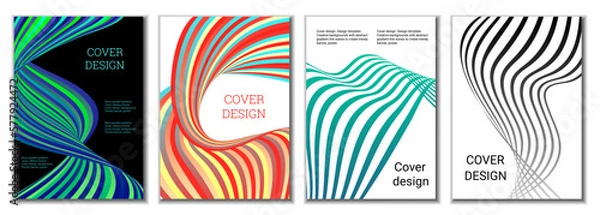 Fototapeta A set of 4 abstract covers. Wavy parallel gradient lines, ribbons evolve. Cover design, background. Trendy banner, poster.