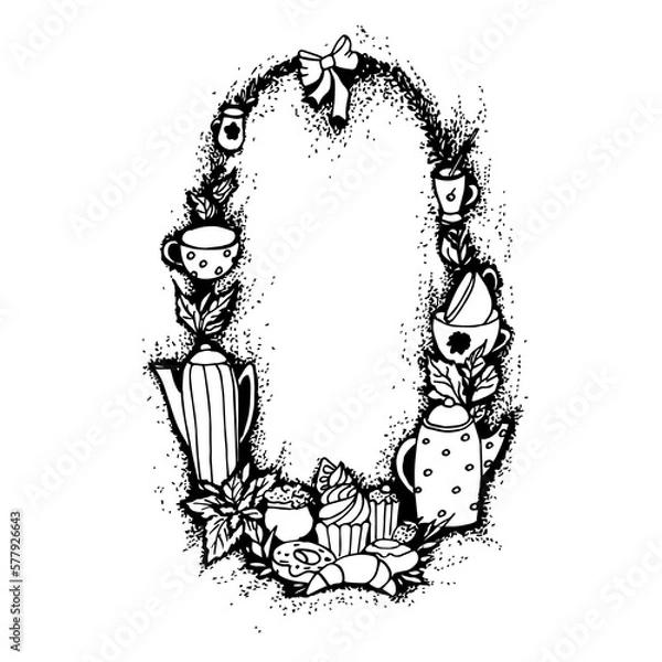 Fototapeta Illustration with words tea party and cups. Freehand drawing. Frame for invitation, cafe and restaurant menu, tags.