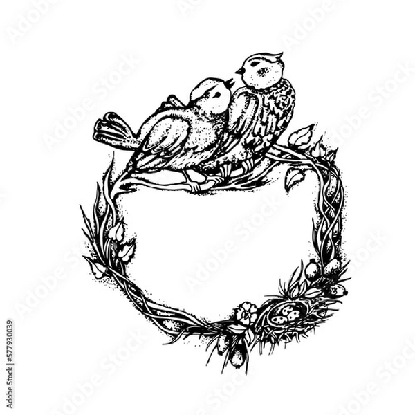 Fototapeta Hand-drawn nest with birds on the branches of a tree. Frame for print, tattoo, tag, emblem.