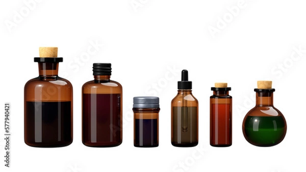 Fototapeta set of brown medicine vintage glass bottles