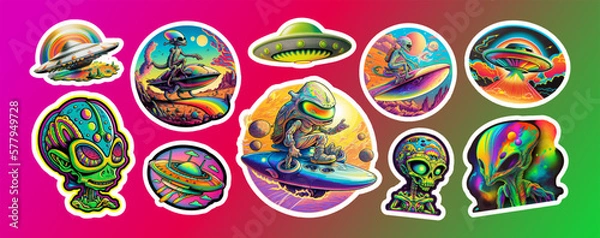 Fototapeta Big bundle of stickers with funny aliens, UFO. AI. Vector collection sticker of psychedelic aliens, UFO isolated background.