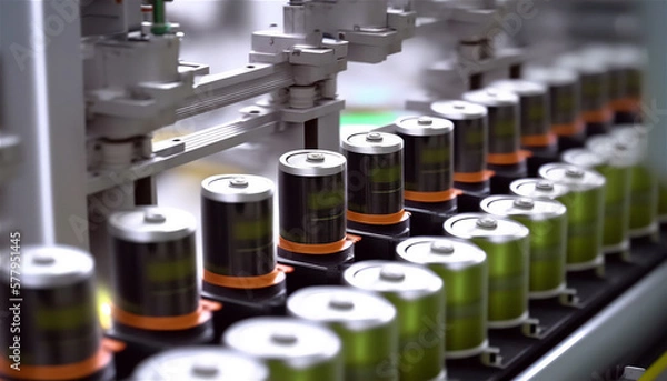 Fototapeta Lithium-ion Battery cell manufacturing production line. Generative AI.