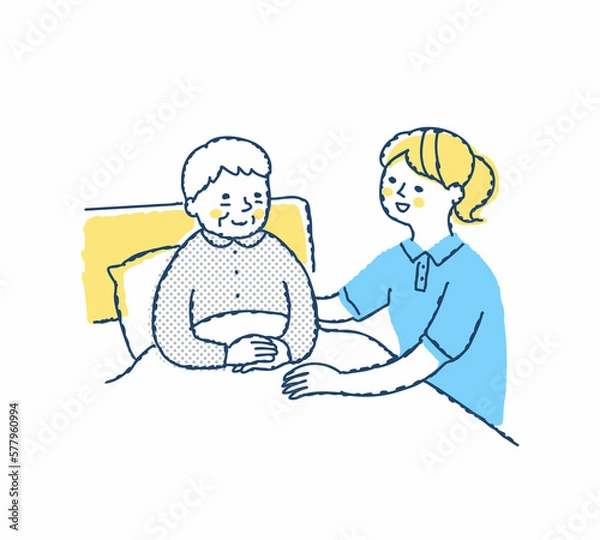 Fototapeta ベッドでくつろぐシニア女性と介護スタッフ