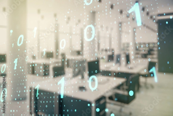Fototapeta Abstract virtual binary code sketch on a modern furnished office interior background, hacking and matrix concept. Multiexposure