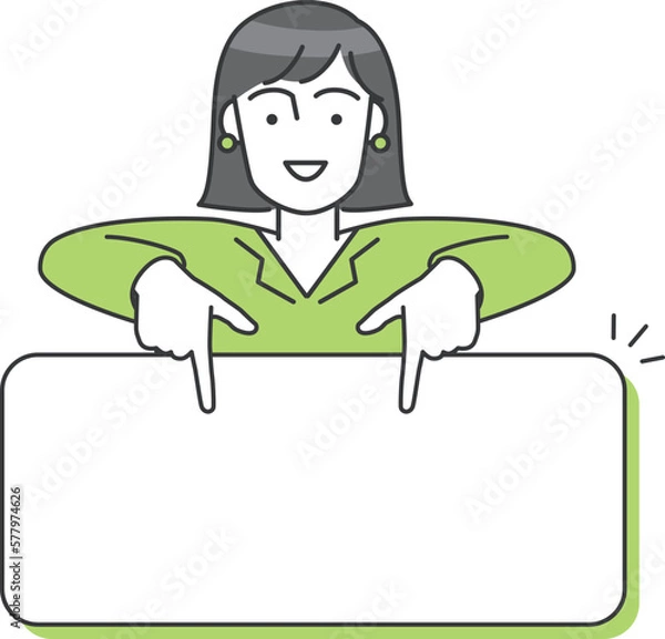 Obraz ジネスパーソン（女性）が両手で下のボードを指差しているベクターイラスト