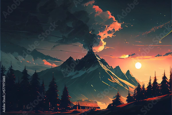 Fototapeta An illustration of a lake with fog and a volcano in the distance looking spooky. the sun is rising, generative ai