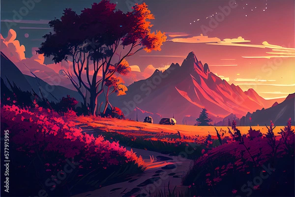 Fototapeta An illustration of a lake with fog and a mountain in the distance looking spooky. the sun is rising, generative ai