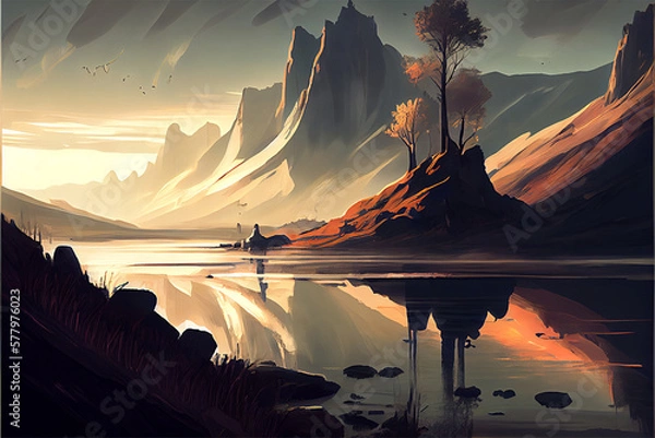Fototapeta An illustration of a lake with fog and a mountain in the distance looking spooky. the sun is rising, generative ai