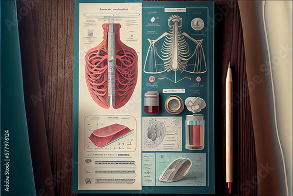 Fototapeta anatomy of the human body on a piece of paper with text next to it as a description, generative ai