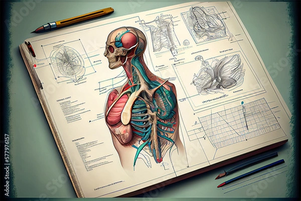 Fototapeta anatomy of the human body on a piece of paper with text next to it as a description, generative ai