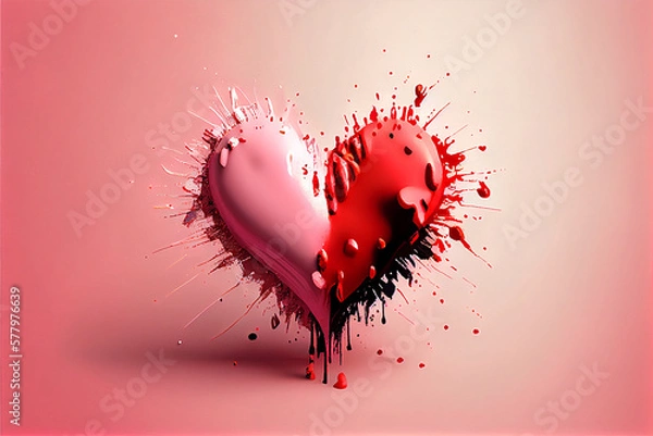 Fototapeta Illustration of a heart looking like a 3d rendering of paint forming a heart in the air and splashing everywhere, generative ai