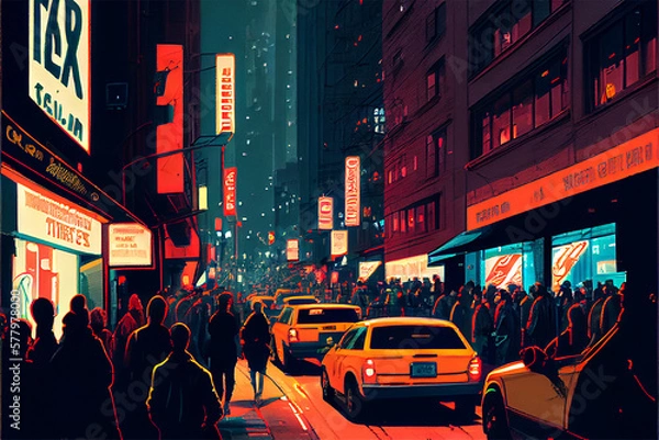 Fototapeta An illustration of a busy street in a futuristic city resembling tokyo with neon lights and cars and people on the street at night, generative ai