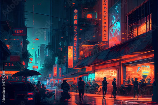 Fototapeta An illustration of a busy street in a futuristic city resembling tokyo with neon lights and cars and people on the street at night, generative ai