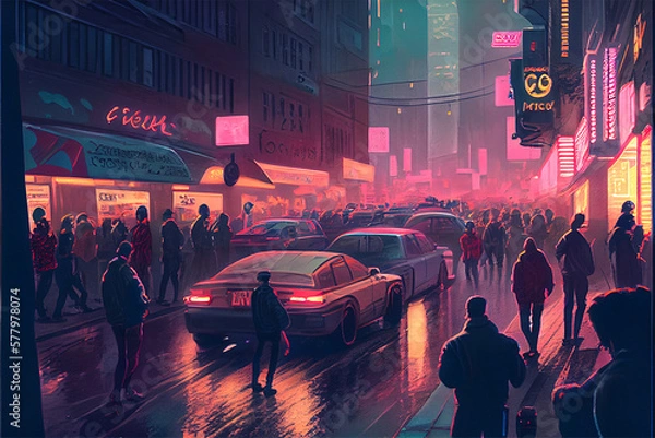 Fototapeta An illustration of a busy street in a futuristic city resembling tokyo with neon lights and cars and people on the street at night, generative ai