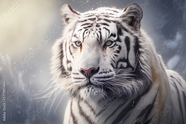 Fototapeta Portrait of a white tiger in the background of a snowy landscape. AI generated