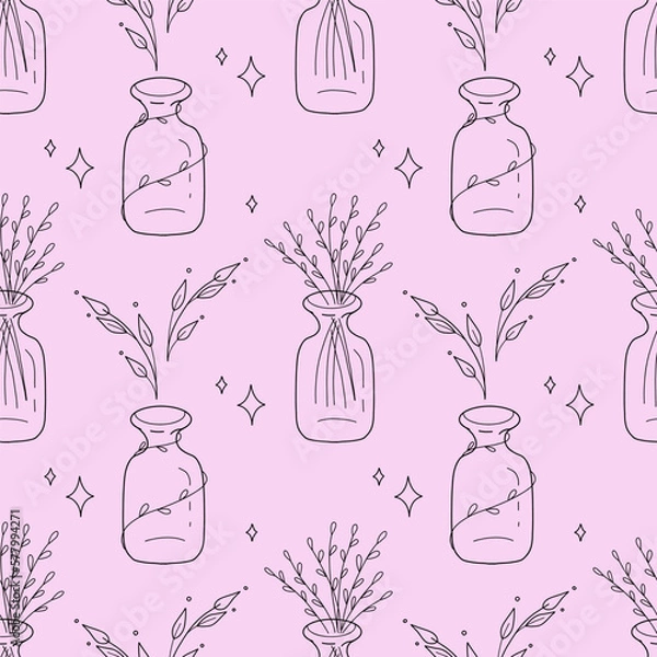 Fototapeta Gentle seamless pattern with vials, feather and flowers on the pink background. Esoteric vector illustration