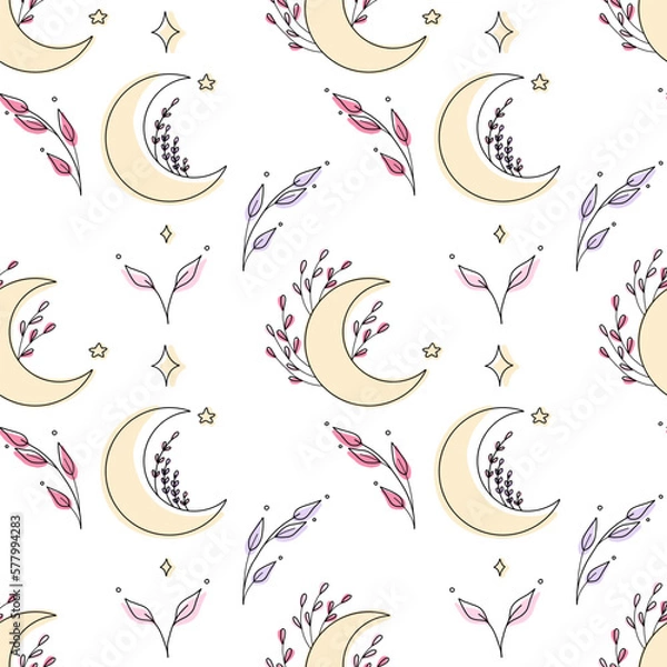 Fototapeta Esoteric seamless pattern with crescents and branches. Art line, sign and symbol. Vector illustratio