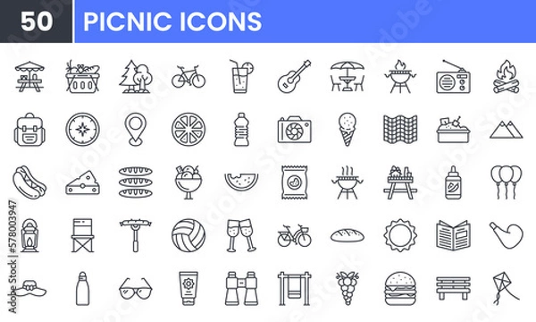 Fototapeta Summer Outdoor Recreation and Picnic vector line icon set. Contains linear outline icons like Campfire, Table, Camping, Grill, Food, Bbq, Hamburger, Blanket, Drink, Hiking. Editable use and stroke.