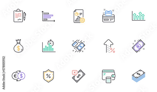 Fototapeta Loan percent, Loyalty card and Increasing percent line icons for website, printing. Collection of Horizontal chart, Dollar, Clipboard icons. Wallet, Money exchange, Upper arrows web elements. Vector