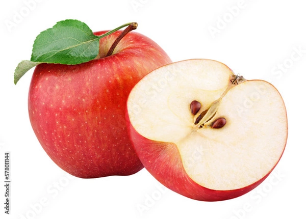 Obraz Ripe red apple fruit with apple half and green leaf isolated on transparent background