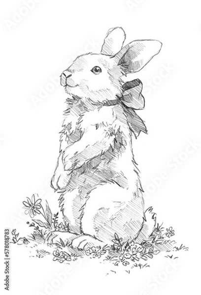 Fototapeta Beautiful spring art with easter bunny with a bow. Hand drawn line.