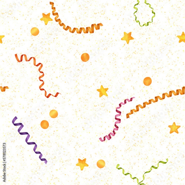 Fototapeta Seamless pattern illustration of colorful ribbons and confetti. Celebration concept background.
