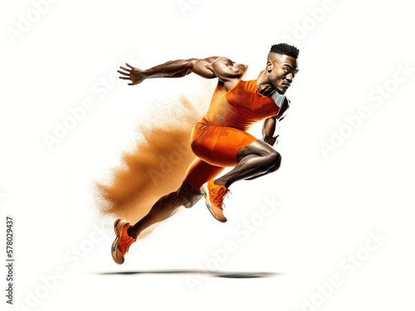Obraz Afroamerikanischer Läufer in Startposition mit orangem Outfit, generative KI