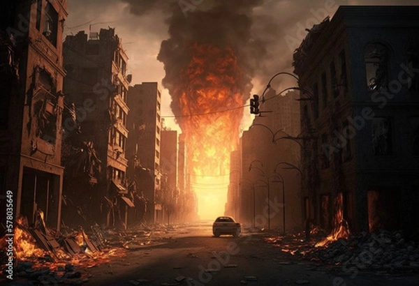 Fototapeta The AI-Generated Render of an Artificial Apocalypse: Charred Ruins, Flames of Fear, and Desolation