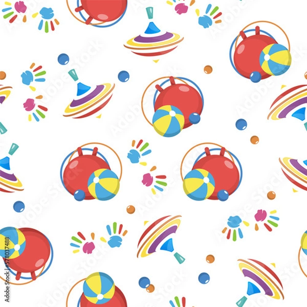Fototapeta A seamless pattern with balls and ather kid's activity tools on a white background