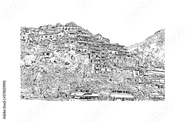 Fototapeta Building view with landmark of Positano is the 
village in Italy. Hand drawn sketch illustration in vector.