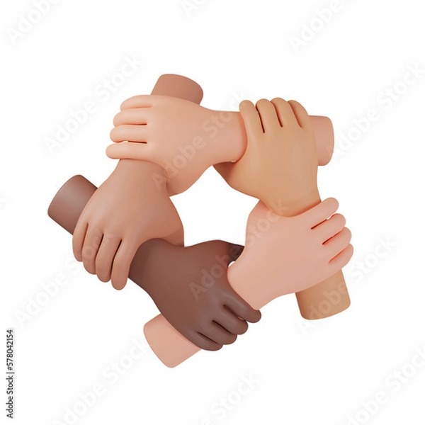 Fototapeta Cartoon hand team work concept, hand lock together symbol, business and partnership, top view, 3D Render Illustration