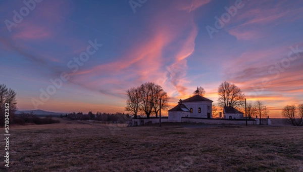 Fototapeta Winter sunset with color sky near Andelska Hora village with ruins and chapel