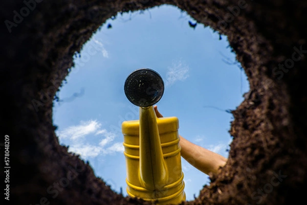 Fototapeta View of watering cans from freshly dug pits in the garden View from below.