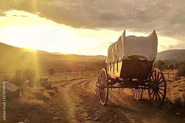 Fototapeta A horse and wagon on a trail in the old West. Cowboy movie.