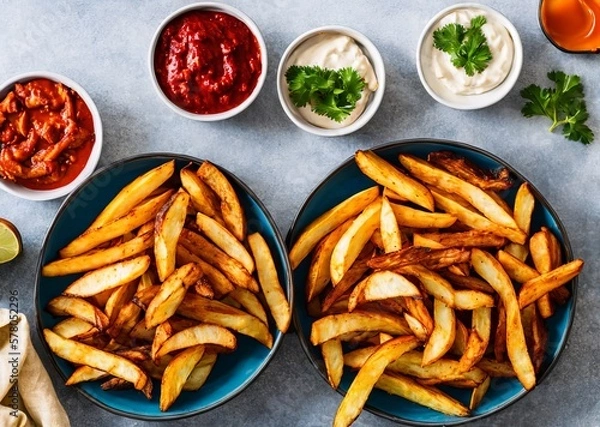 Fototapeta french fries with ketchup and sauce on a wooden background