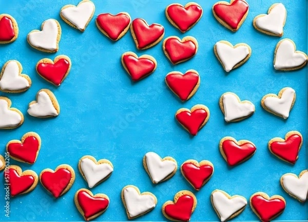 Fototapeta heart shaped cookies on a blue background. top view.