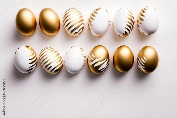 Fototapeta Easter golden decorated eggs stand in a row on white background. Minimal easter concept. Happy Easter card with copy space for text. Top view, flatlay