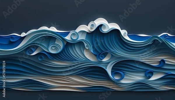 Fototapeta Detail paper craft wave background with paper cut shapes.  Blue water wave paper cut decor - Generative AI