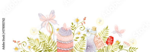 Obraz Watercolor cake with cream, fairy dust bottle, butterfly, ferns and mushrooms banner