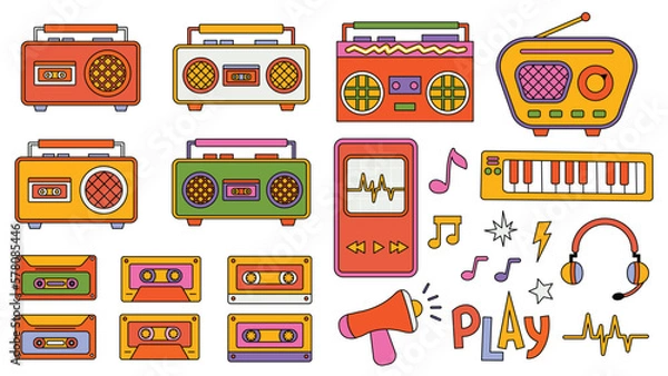 Fototapeta Set of trendy hipster retro music elements. Collection stickers of groovy retrowave clipart. Collage with trend pop vibe with funky design element. background sticker emblem of cartoon vector