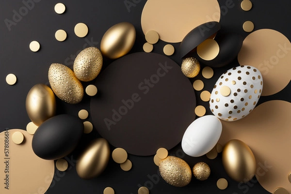 Fototapeta Elegant stylish Easter background with gold and black decor. Template for Design. Mock Up. AI generated.