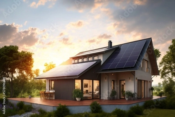 Fototapeta Photovoltaic or solar panels on a detached home with a yard in front of a beautiful sky. Generative AI