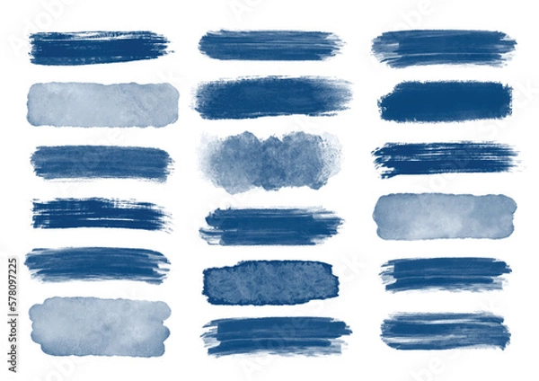 Fototapeta Different grunge blue, ink paint brush strokes. Artistic design elements, grungy background vector set illustration