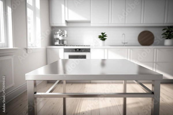 Fototapeta steel table top with blurry background of modern white kitchen, ai generated