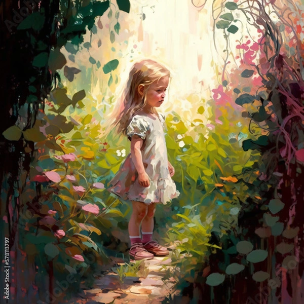 Fototapeta little girl playing in a garden full of plants and flowers oil painting illustration Generative Ai