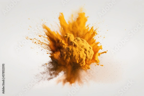 Obraz Orange dust is thrown over a white background. Generative AI
