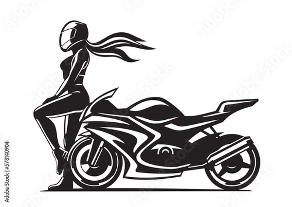 Fototapeta A girl in a helmet near a motorcycle with flowing hair
