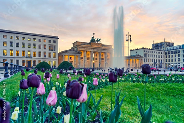 Fototapeta Berlin city, view of the illuminated Brandenburg Gate at Pariser Platz with a fountain and beautiful colorful tulips in the foreground in spring at sunset