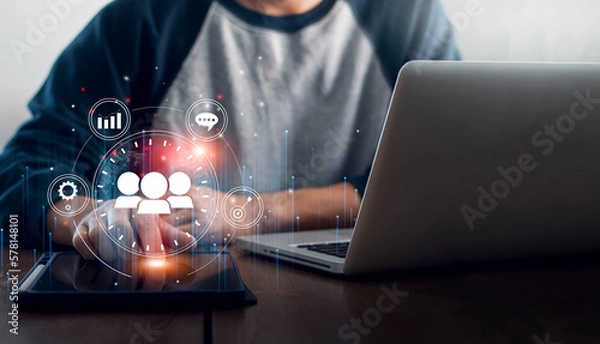 Fototapeta Customer network relationship management concept, Businessman hold of global structure customer network technology, 