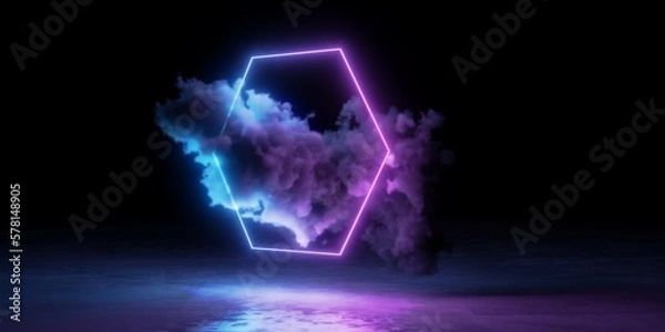 Fototapeta Abstract blue and pink neon glowing wireframe hexagon shape with smoke cloud and rough shiny floor on black background